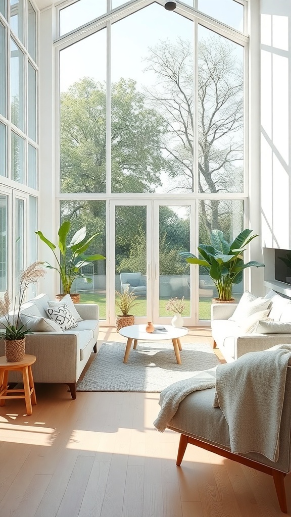 Bright Scandinavian living room with large windows and natural decor