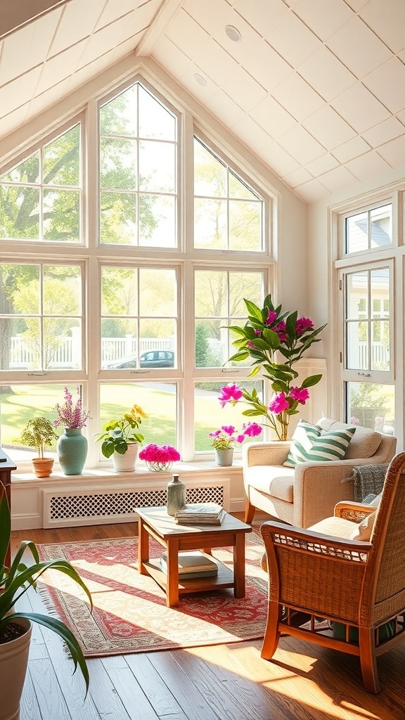 Bright and airy cottage living room with large windows, plants, and cozy furniture.