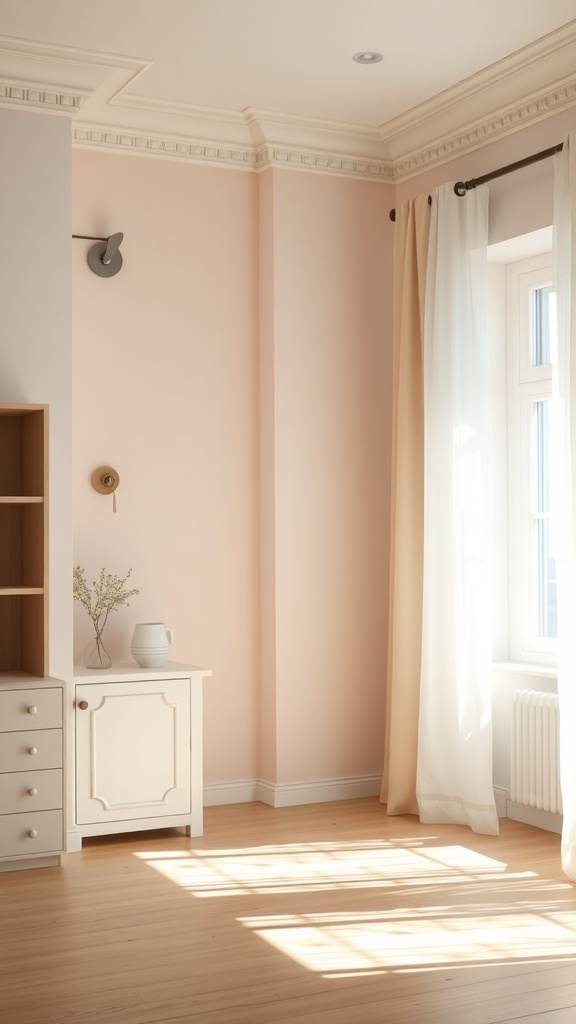 A bright and cozy apartment corner with soft pink walls, white furniture, and natural light streaming through the window.