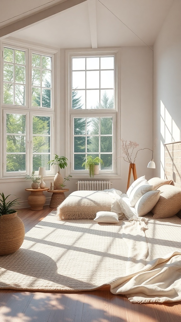 Bright bedroom with large windows, natural light, and minimal decor.