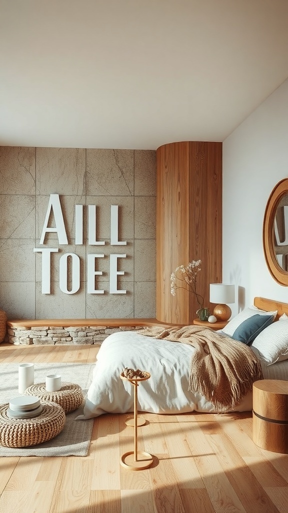 A stylish bedroom featuring natural materials and earthy tones, with wooden accents, stone walls, and soft textiles.