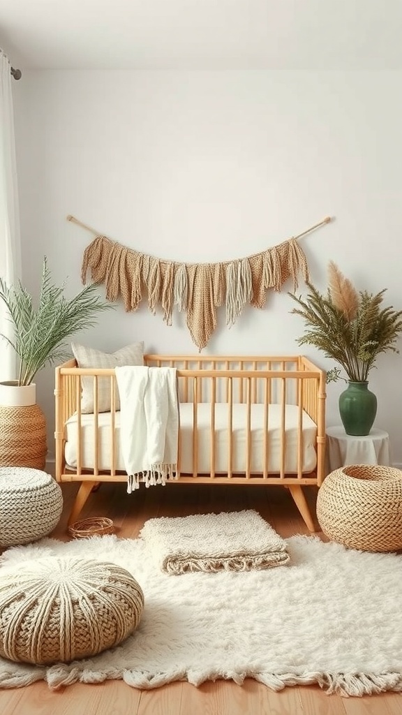 A cozy nursery featuring a wooden crib, natural textiles, and plants, creating a warm and inviting atmosphere.