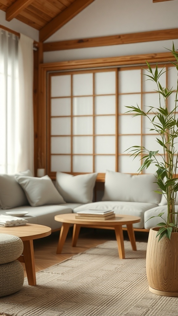 A Japandi living room with natural textures, featuring a soft grey sofa, wooden tables, and plants.