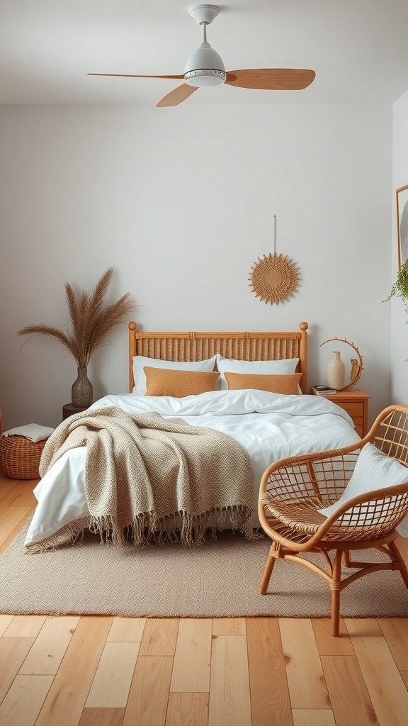 Cozy boho bedroom with natural textures and materials.