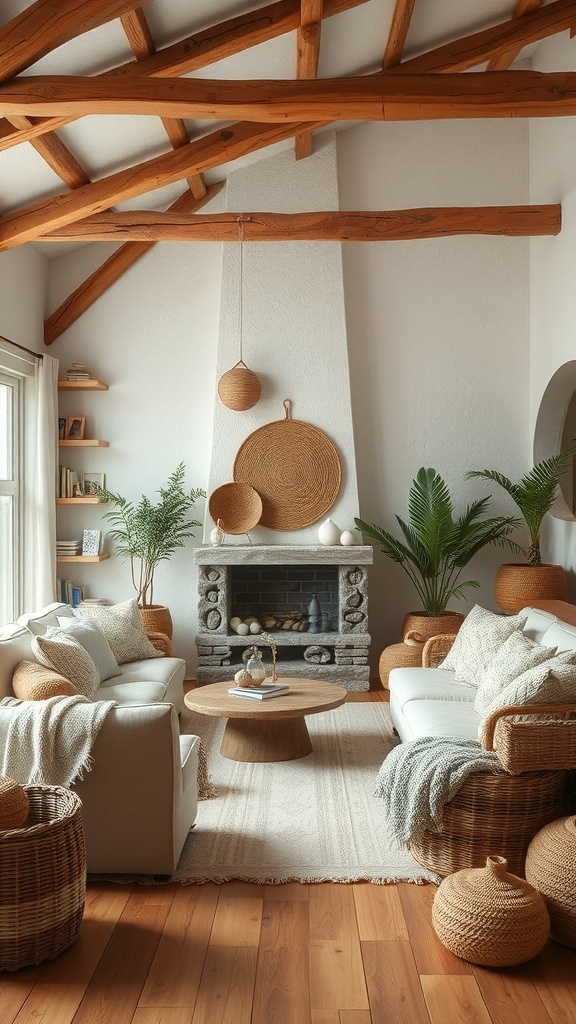 Cozy cottage living room with wooden beams, soft furniture, woven baskets, and plants.