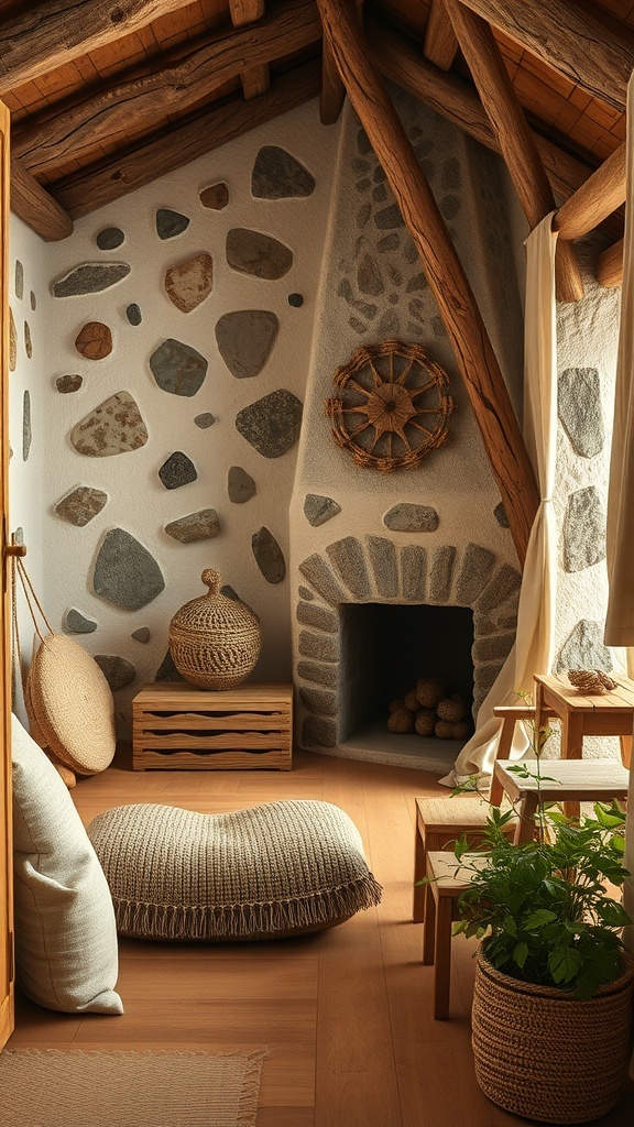 Cozy cottage interior featuring natural textures, stone walls, wooden beams, and soft furnishings.