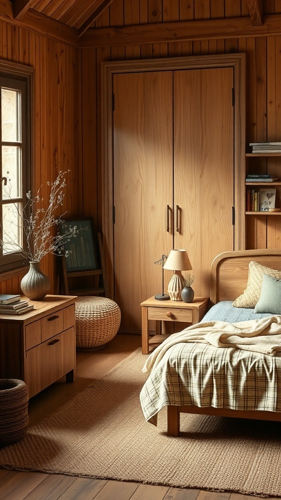 A warm bedroom featuring natural wood accents, including wooden walls, furniture, and cozy textiles.