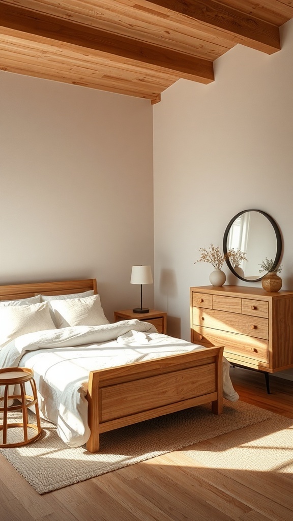 A bright, neutral bedroom featuring wooden furniture including a bed, stool, and dresser.