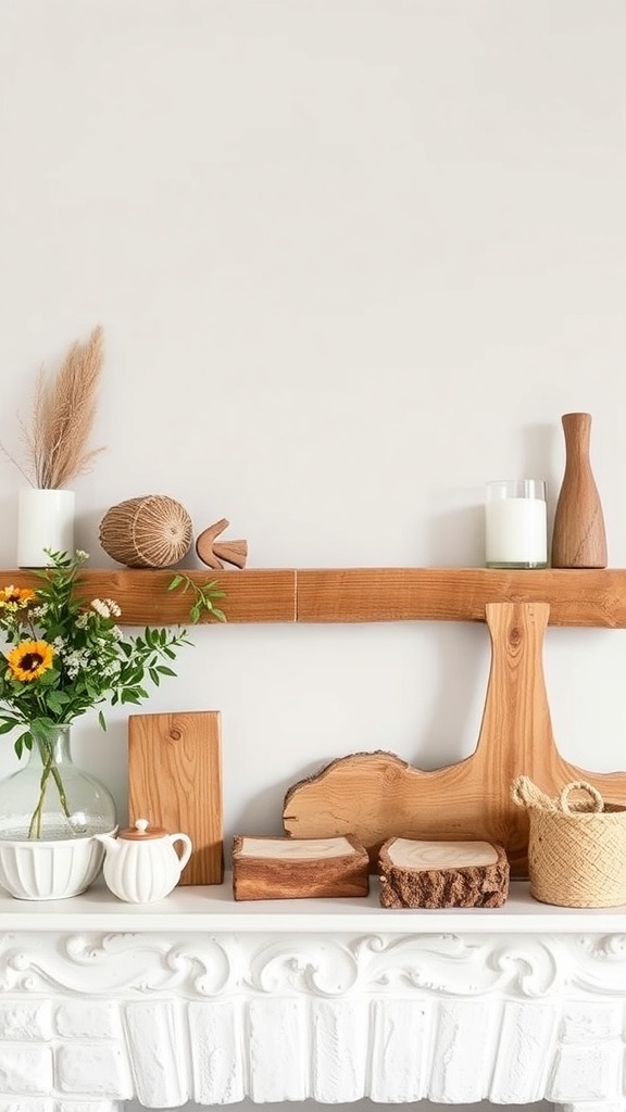 A summer mantel decor featuring natural wood elements, including wooden vases, logs, and a floral arrangement.