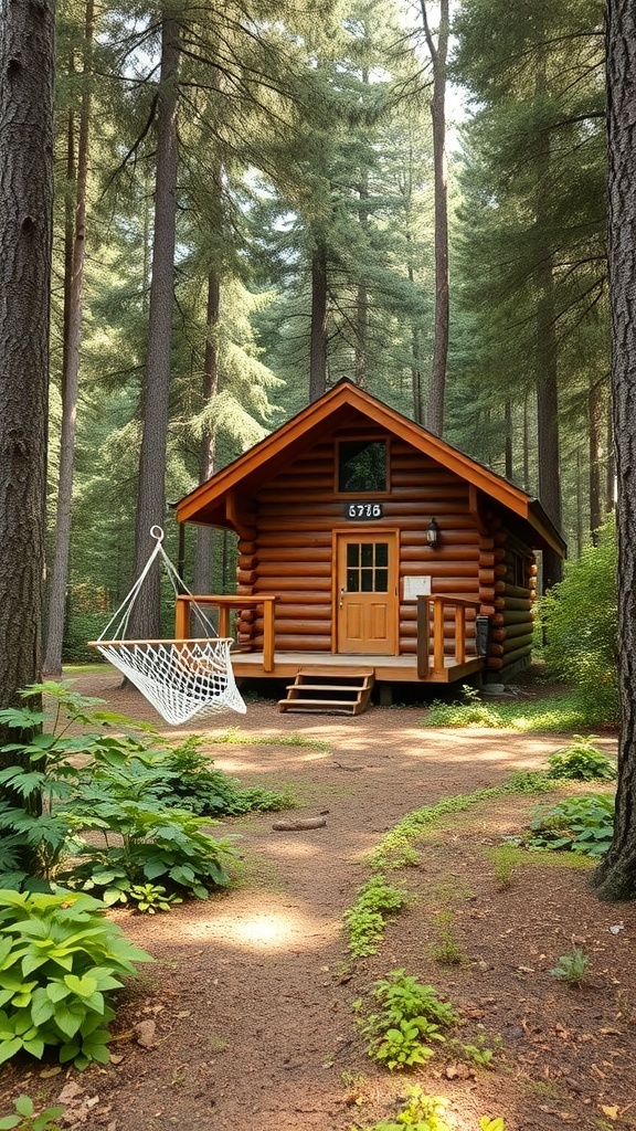 A cozy log cabin surrounded by tall trees, featuring a hammock in front.