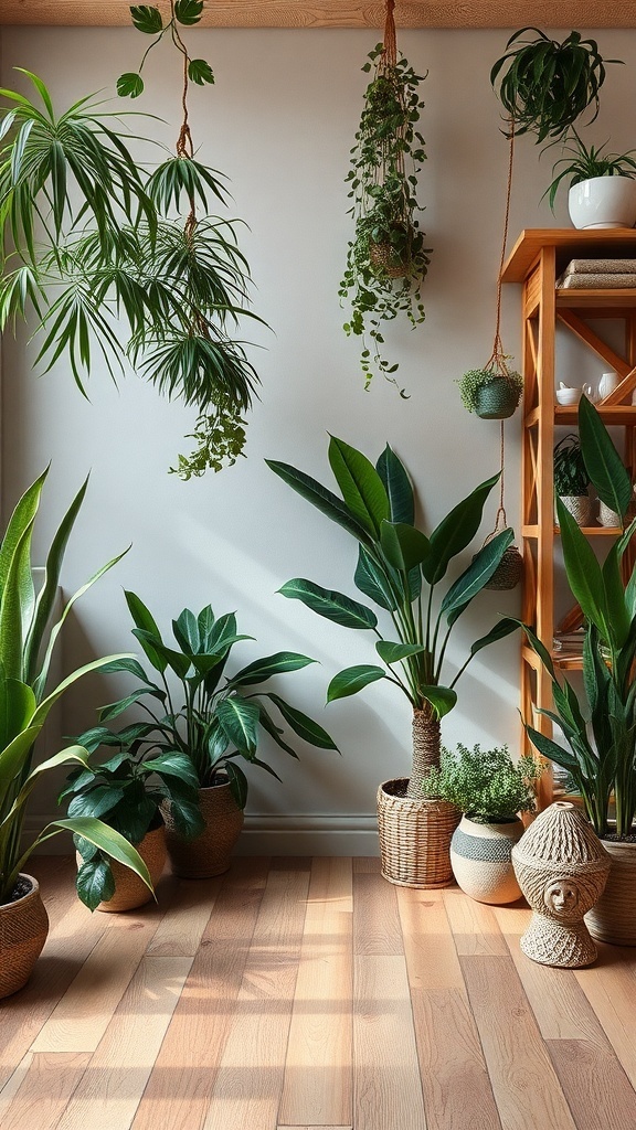 A cozy corner with various indoor plants in woven pots, showcasing a nature-inspired aesthetic.