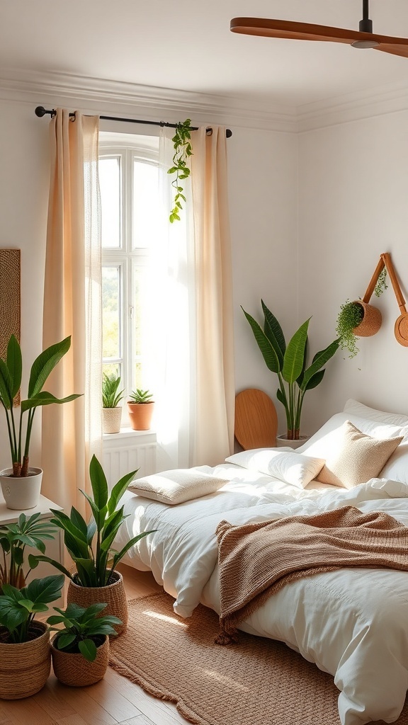 A cozy cottage bedroom with natural light, plants, and warm tones.