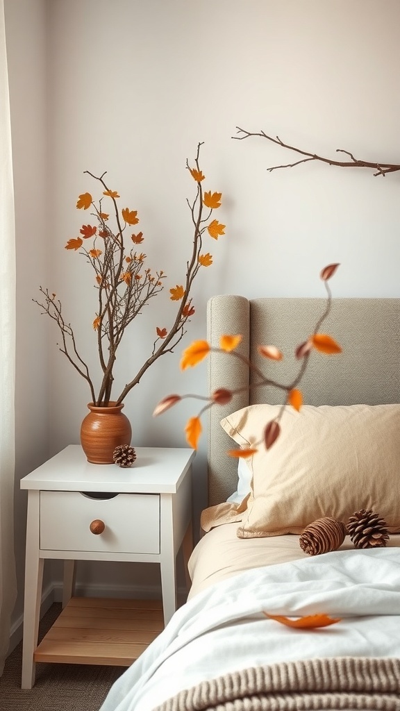 A cozy bedroom featuring autumn decor with branches and orange leaves in a vase, pinecones, and soft bedding.
