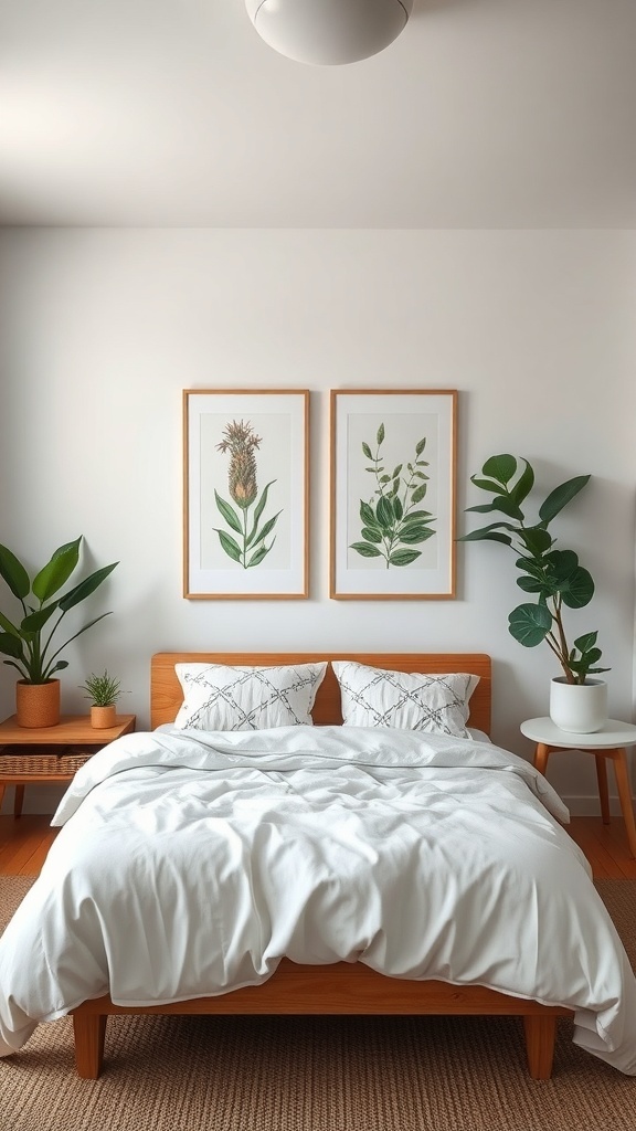 A cozy guest bedroom featuring a wooden bed, white bedding, framed botanical prints on the wall, and various indoor plants.