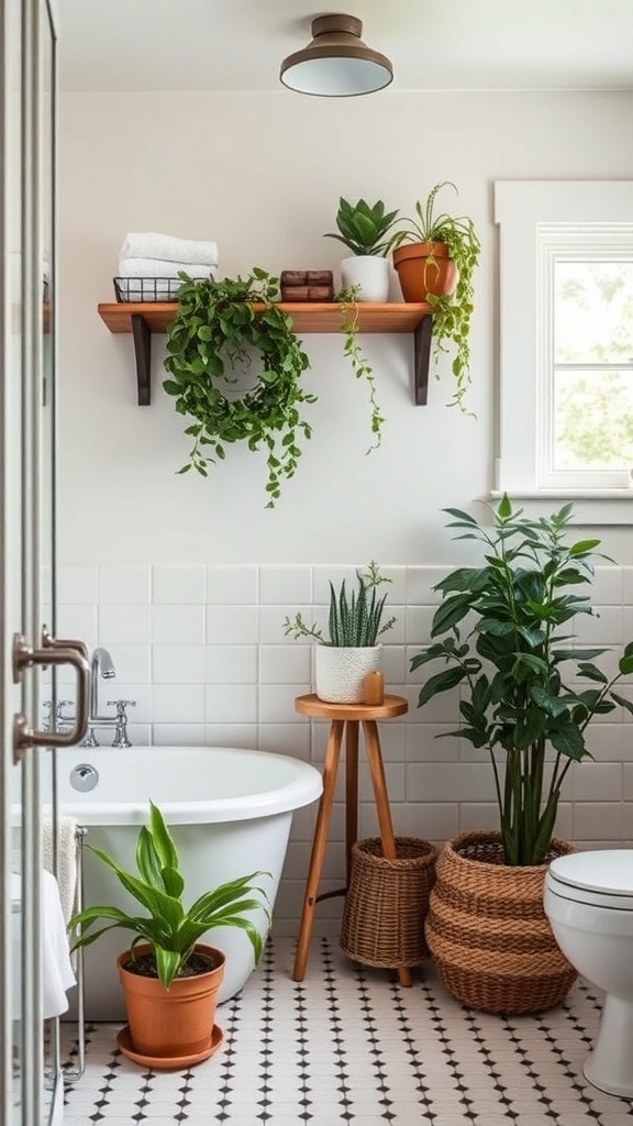 A bright farmhouse bathroom featuring a white bathtub, wooden shelf with plants, and decorative baskets.