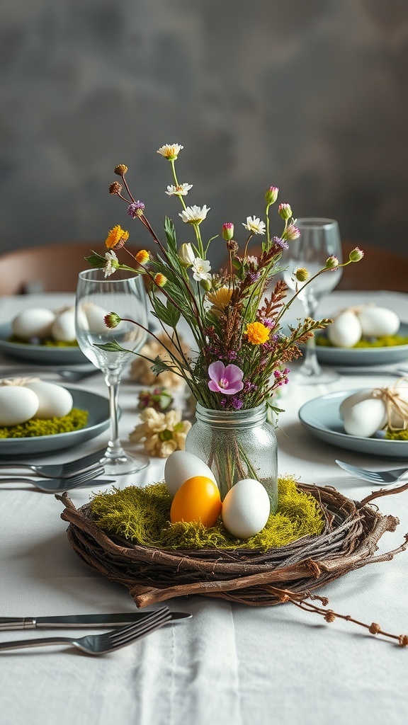 Easter table decor with flowers, eggs, and moss centerpiece