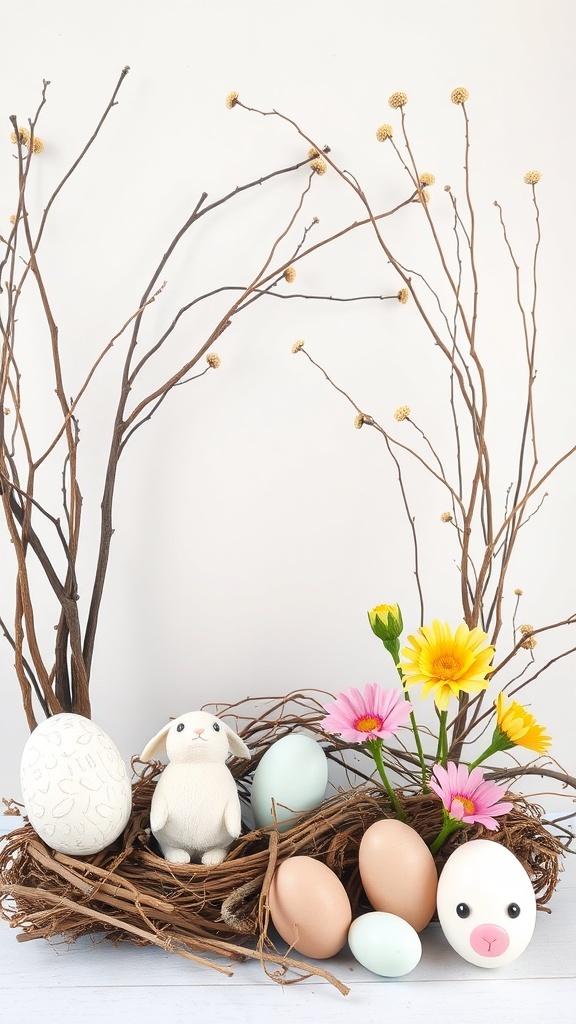 A nature-inspired Easter decoration featuring twigs, colorful eggs, and flowers