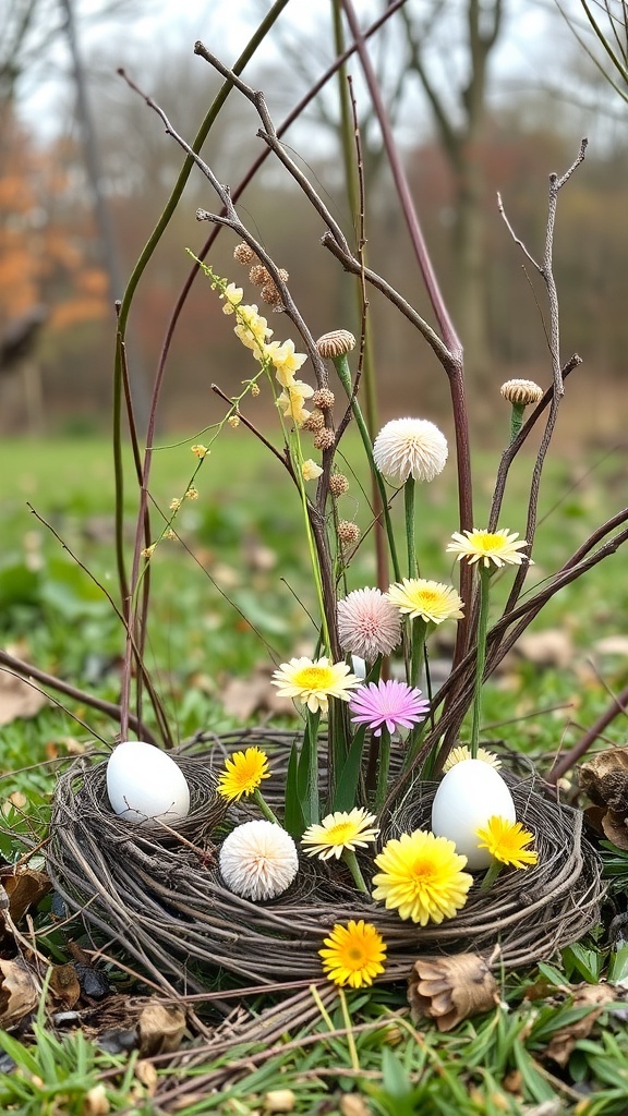A beautiful Easter nest made of twigs and colorful flowers with white eggs