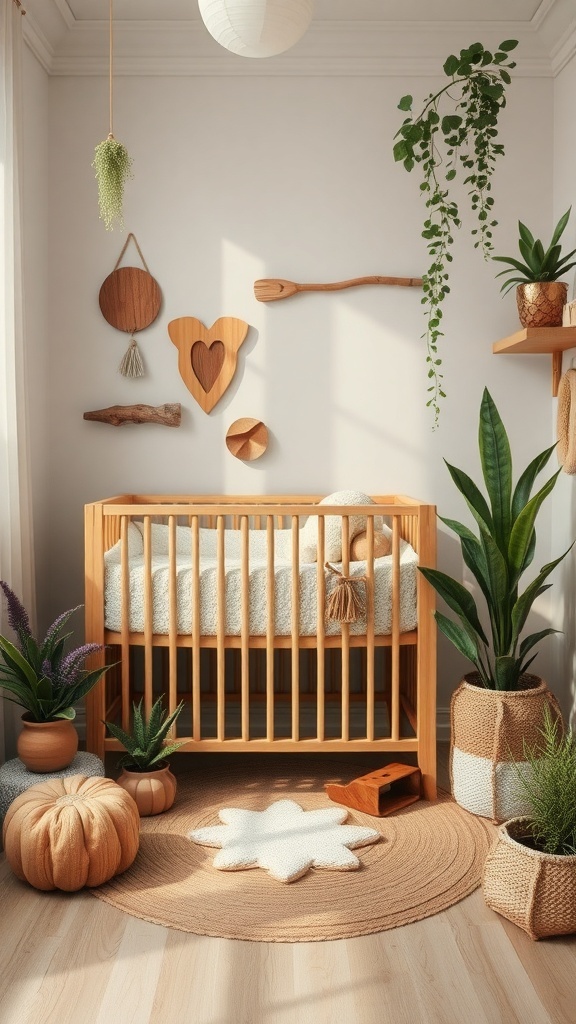 Nursery corner featuring wood crib, plants, and nature-themed decor.