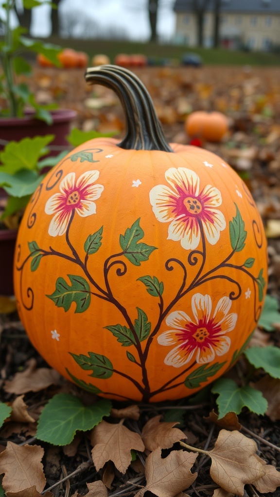A beautifully painted pumpkin with floral patterns and leaves.