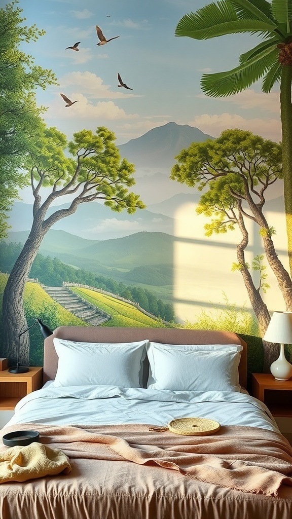 Nature-inspired mural depicting trees, mountains, and a sky with birds.