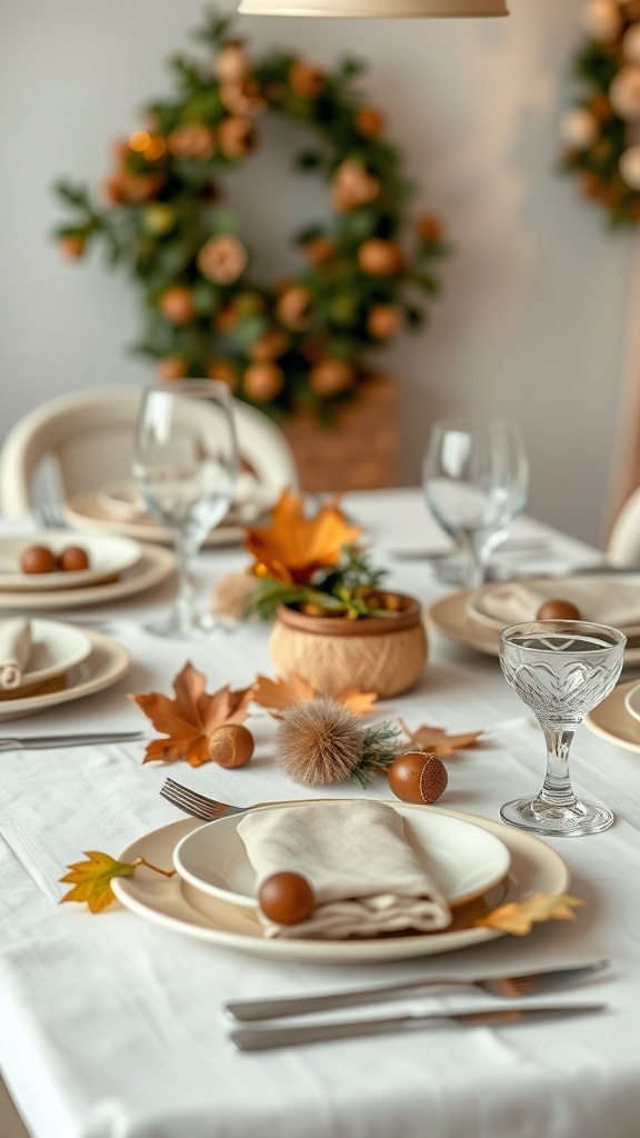 A beautifully set fall table with natural decor elements like leaves, acorns, and wreaths.