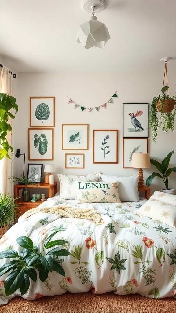A whimsical bedroom featuring nature-inspired decor with plants and botanical prints.
