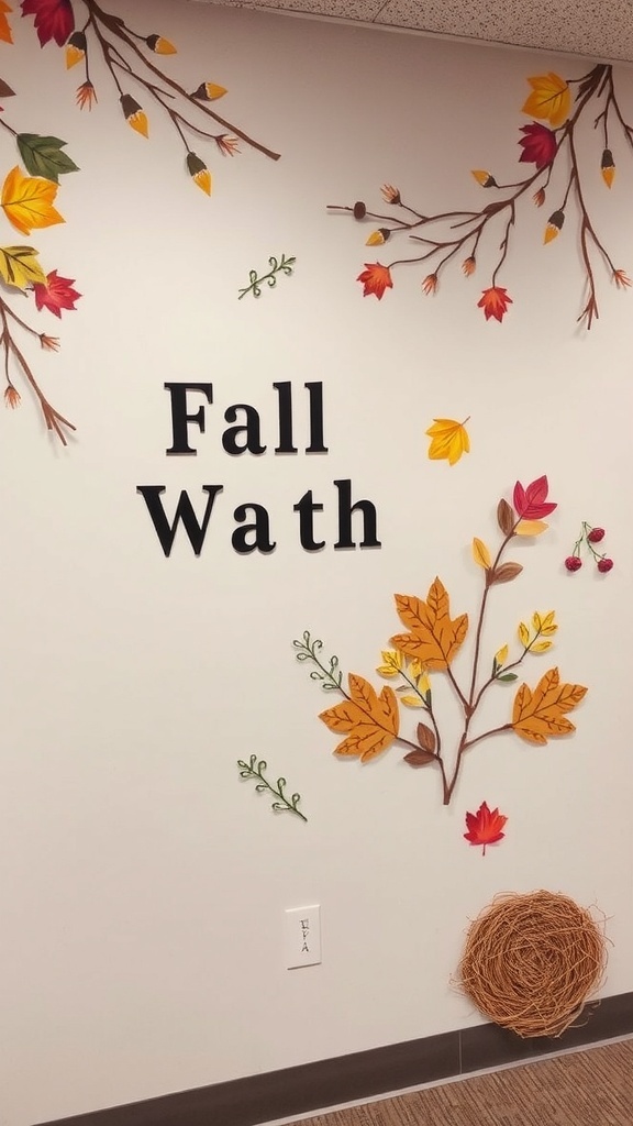 A wall decorated with colorful leaves and branches, featuring the words 'Fall Wath'.