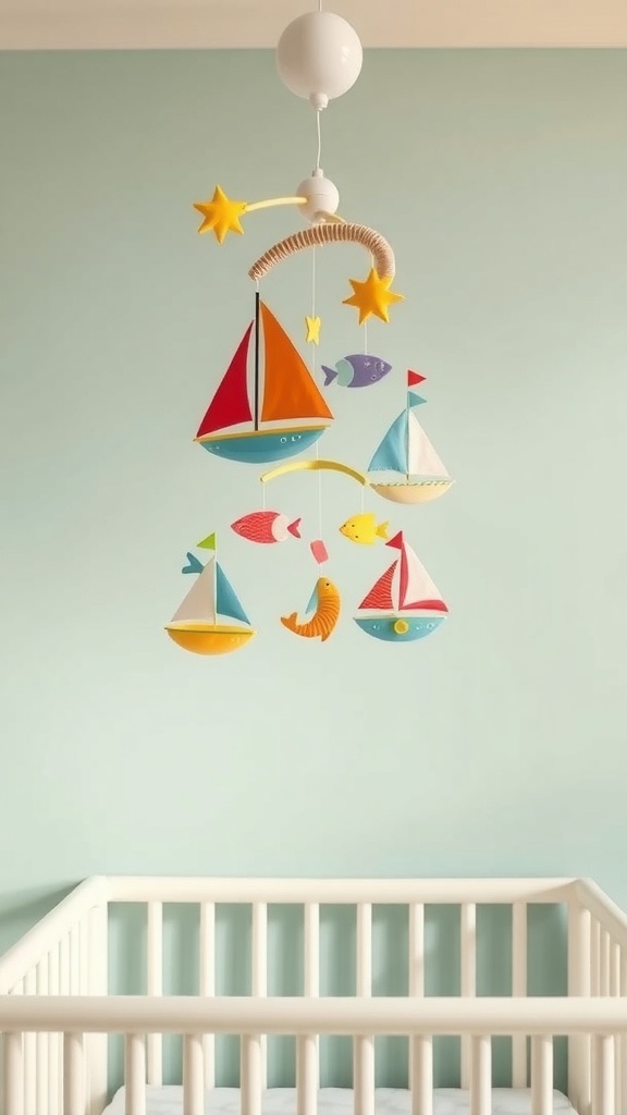 Colorful nautical-themed mobile with boats and fish hanging above a crib.
