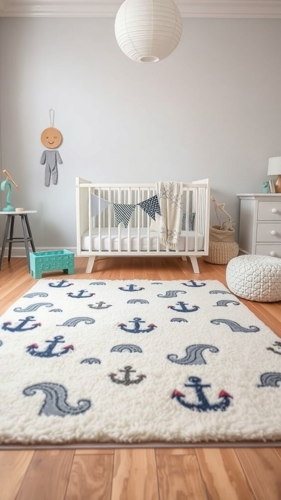 A cozy nursery featuring a nautical-themed rug with anchors and waves.
