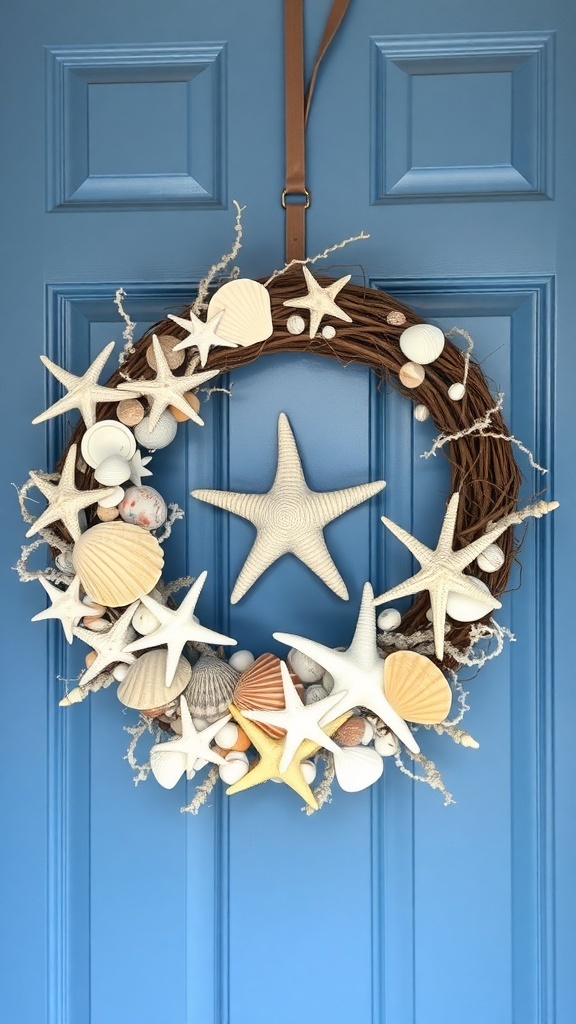 A summer wreath featuring starfish and seashells on a blue door