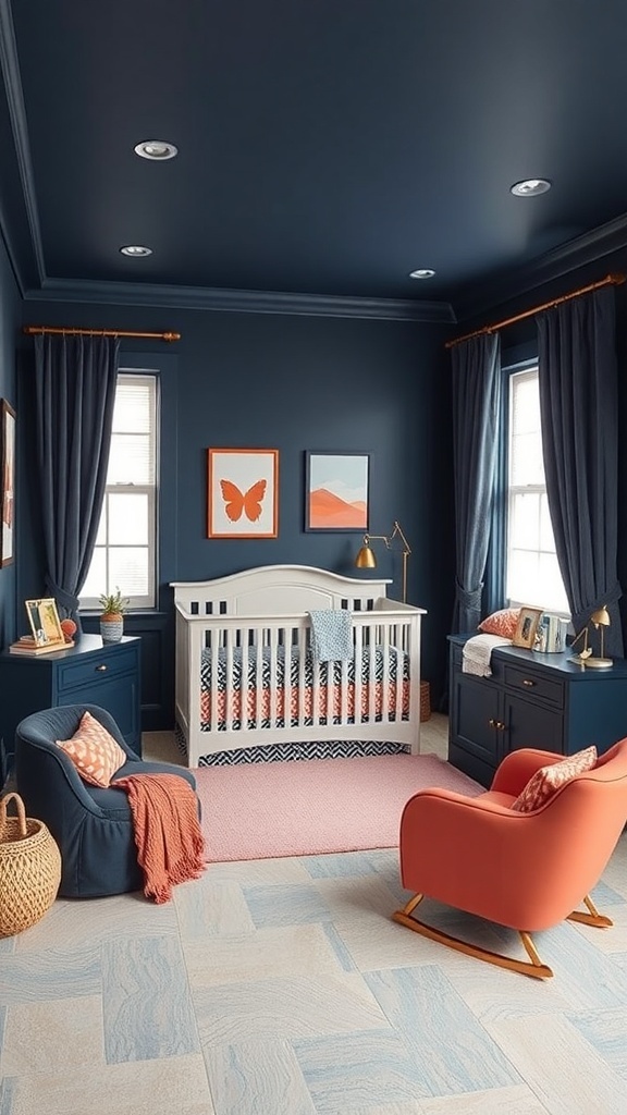 A nursery featuring a navy and coral color scheme with a crib, rocking chair, and decorative accents.