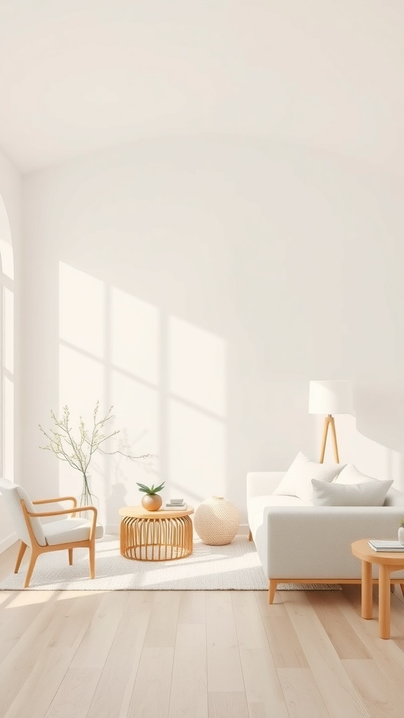 A minimalist living room featuring a neutral color palette with light wood accents, a cozy sofa, and a round coffee table.