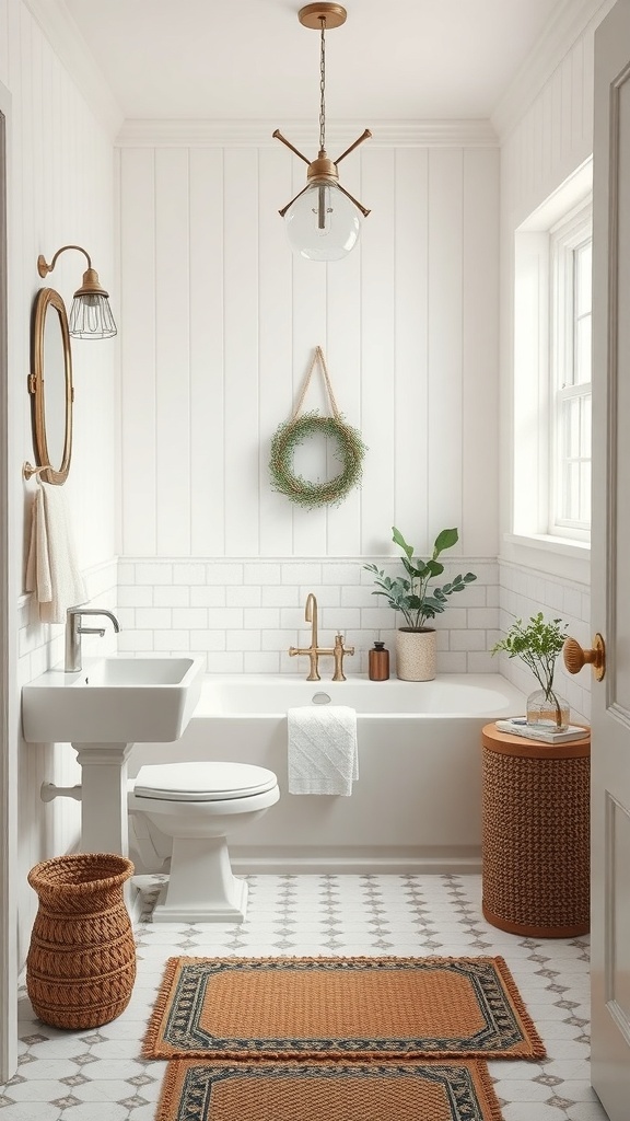 A farmhouse bathroom featuring a neutral color palette with white walls, wooden accents, and greenery.