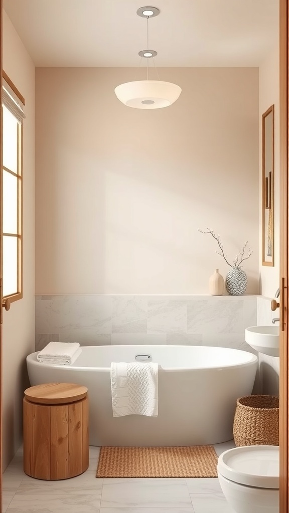 A serene bathroom featuring a neutral color palette with beige walls, a white bathtub, wooden accents, and decorative items.