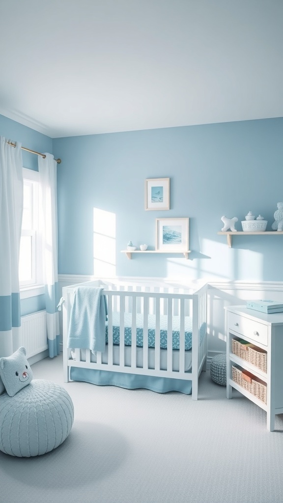 A serene nursery with light blue walls, white furniture, and ocean-themed decor.