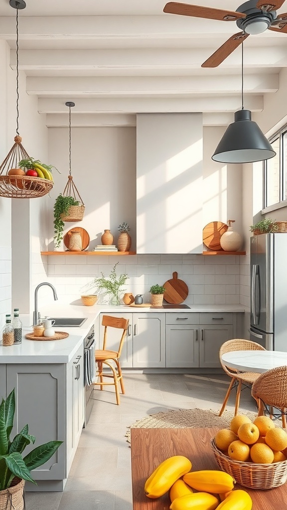 Bright and airy open-air kitchen with hanging fruit baskets, wooden accents, and natural light.