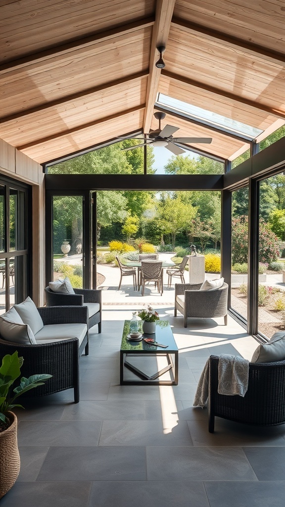 A stylish open-air living space with comfortable seating and a view of a garden.