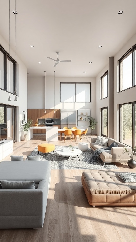 A beautifully designed open-concept living room and dining area with large windows, modern furniture, and a warm color palette.
