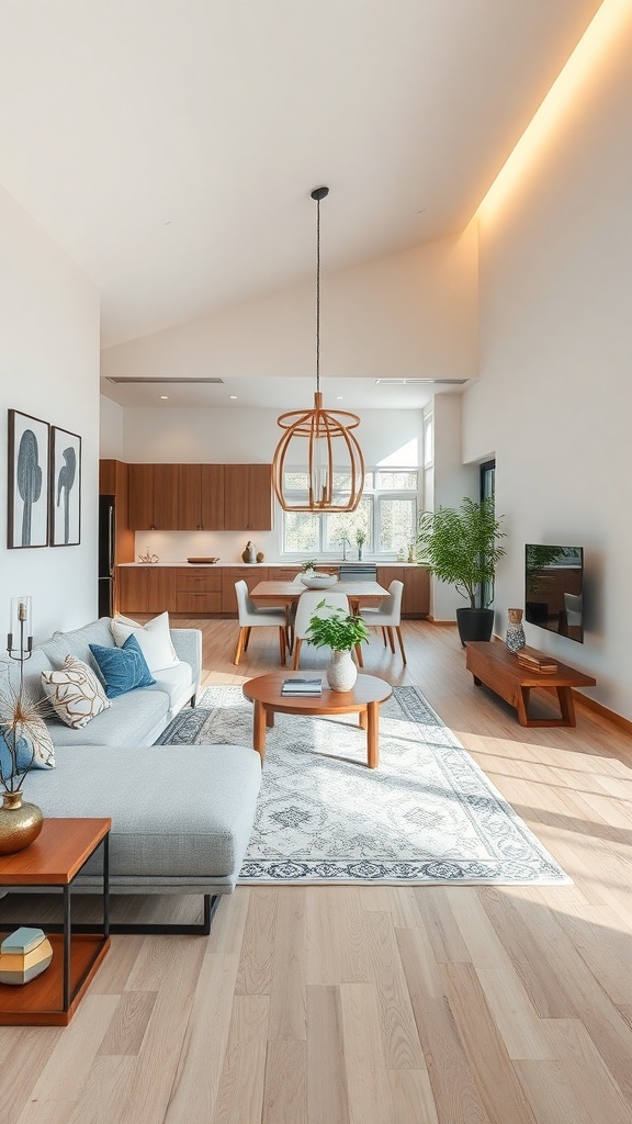 A bright open concept living and dining area with a cozy sofa, modern dining table, and large windows.