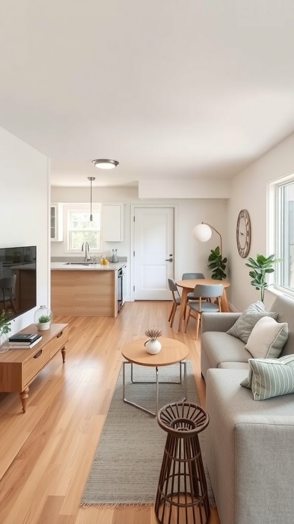 A small open floor plan living area with a sofa, coffee table, and kitchen in the background.