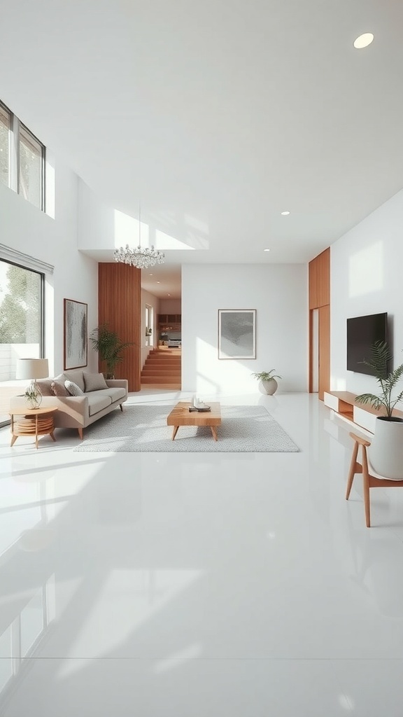 A minimalist living room with an open floor plan, featuring a sofa, coffee table, and plants, with natural light streaming in.