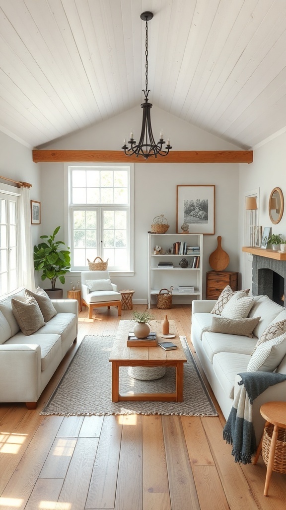 Cozy cottage living room with open layout, featuring light-colored sofas, a wooden coffee table, and large windows.