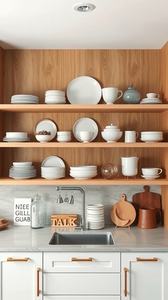 Open shelving in a modern kitchen displaying white plates and decorative items on wooden shelves.