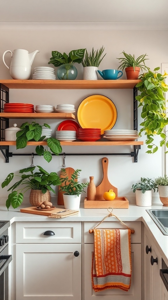 A stylish kitchen with open shelving displaying colorful dishes and plants.