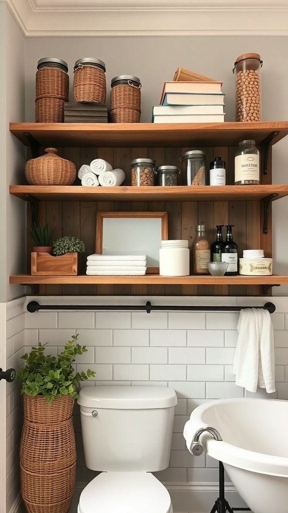 Open shelving in a farmhouse bathroom with wooden shelves, baskets, jars, and towels.