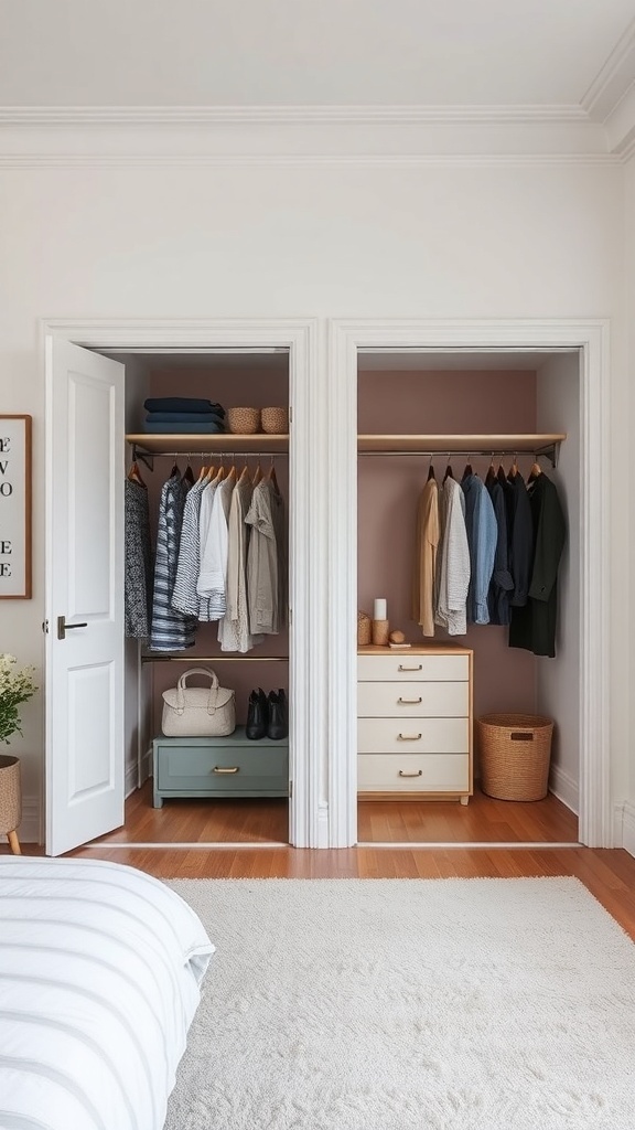 A bedroom showcasing an open wardrobe on the left and a closed wardrobe on the right.
