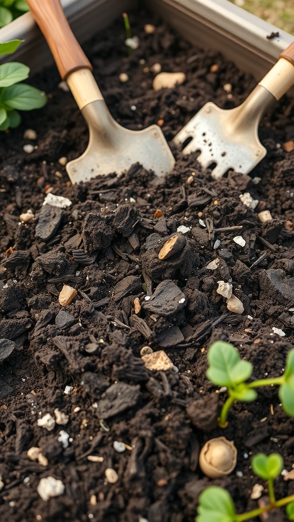 Close-up of soil in a raised garden bed with small shovels