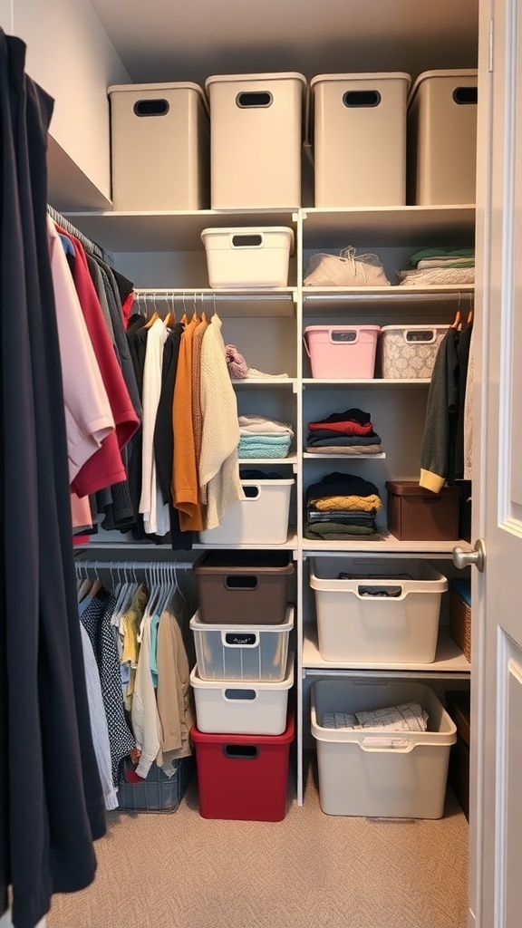 Organized closet with hanging clothes and storage bins