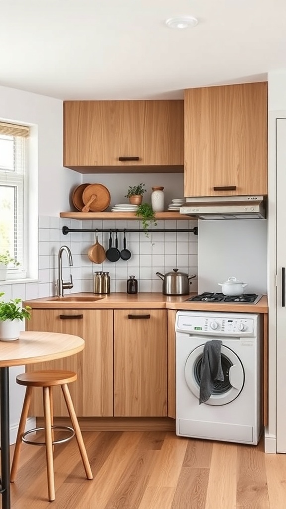 A compact kitchen in a studio apartment featuring light wood cabinetry, open shelving, and a small dining table.